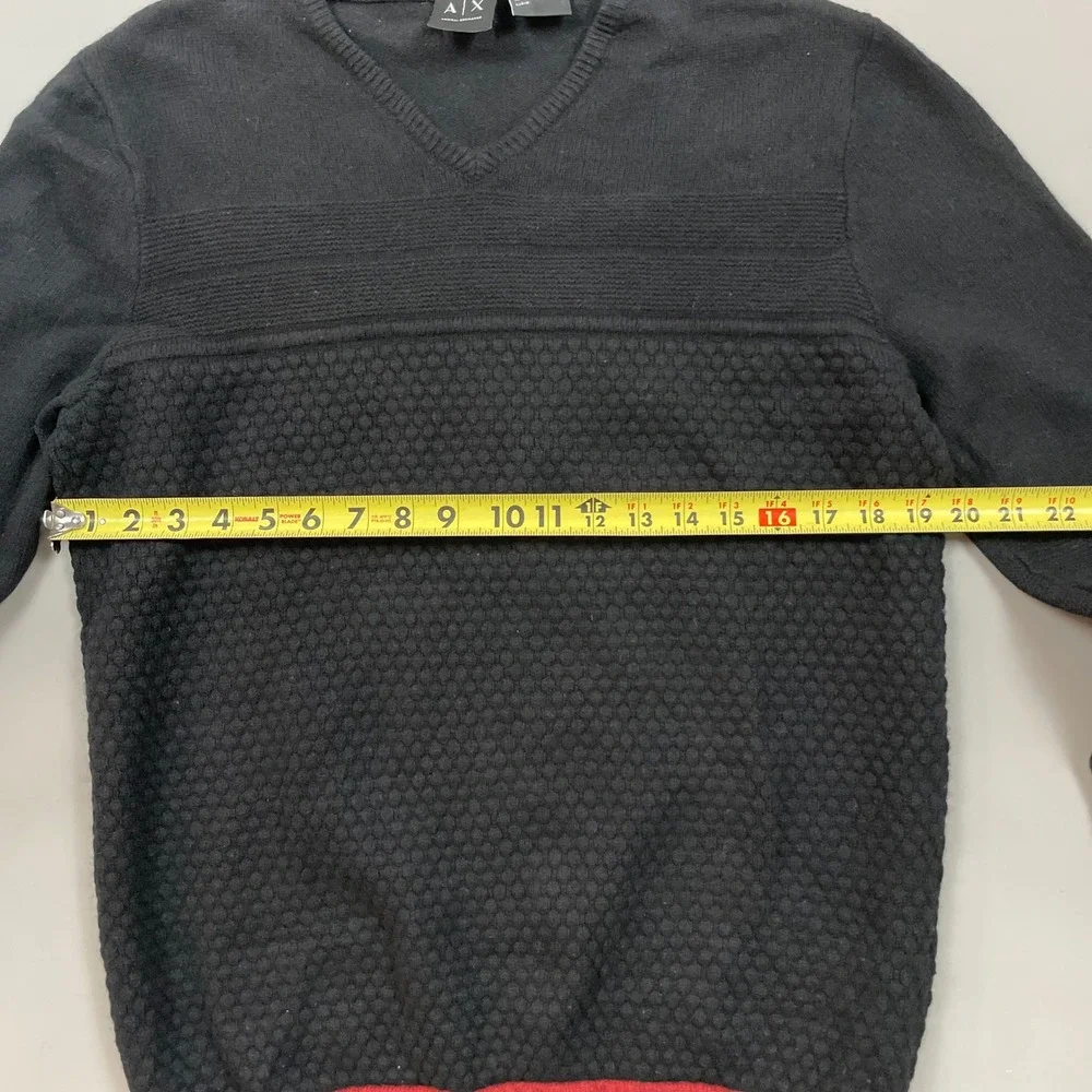 Armani Exchange Mens Lambswool Cotton V-Neck Textured Knit Sweater Black Red L